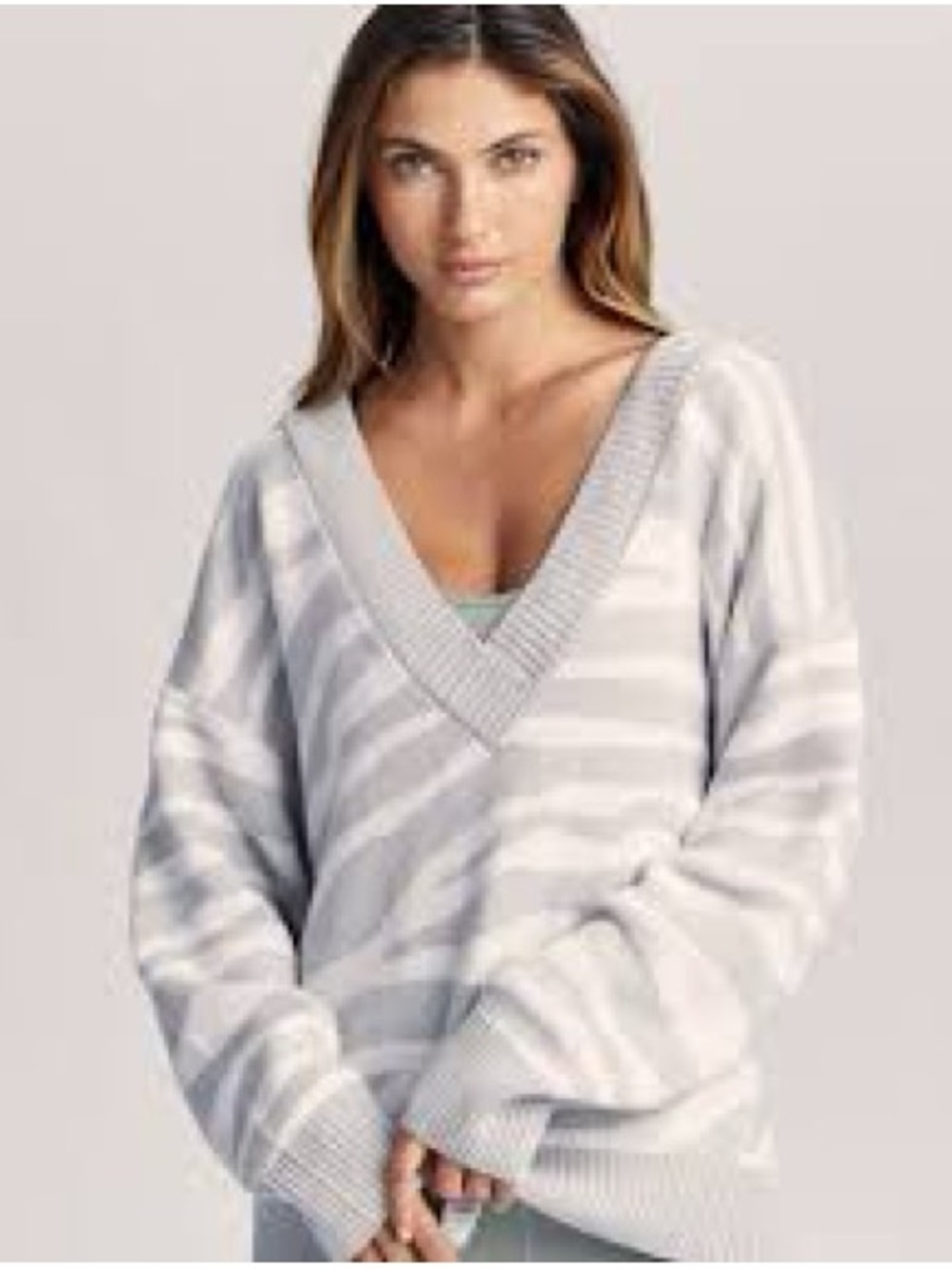 Varley Striped V-Neck Sweater in Light Gray and White